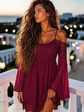 Altar'd State S Coquette Burgundy Lace Bell Sleeve Cold Shoulder Boho Midi Dress